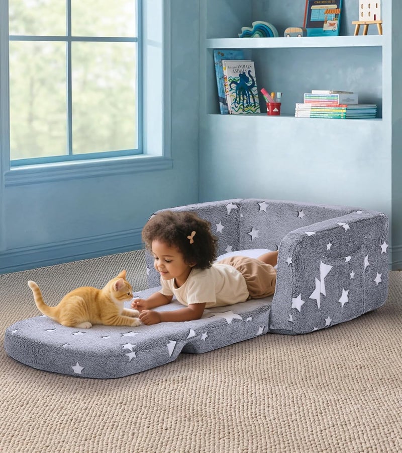 Foryoomi Kids Couch, 2-in-1 Soft Toddler Couch Fold Out with with Blanket and Cloud Pillow, Glow in The Dark, Toddler Chair Comfy, Convertible Sofa, Gifts for Kids Girl Boys, Medium Grey Star - Image 2